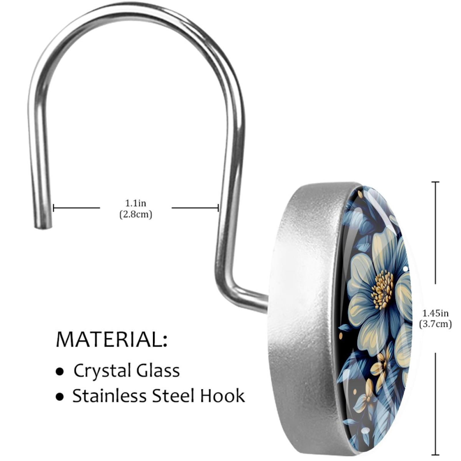 Blue Tropical Flower Shower Curtain Hooks Round Crystal Glass, Set of 12 Shower Curtain Rings - Shower Hooks for Curtain Shower Rings