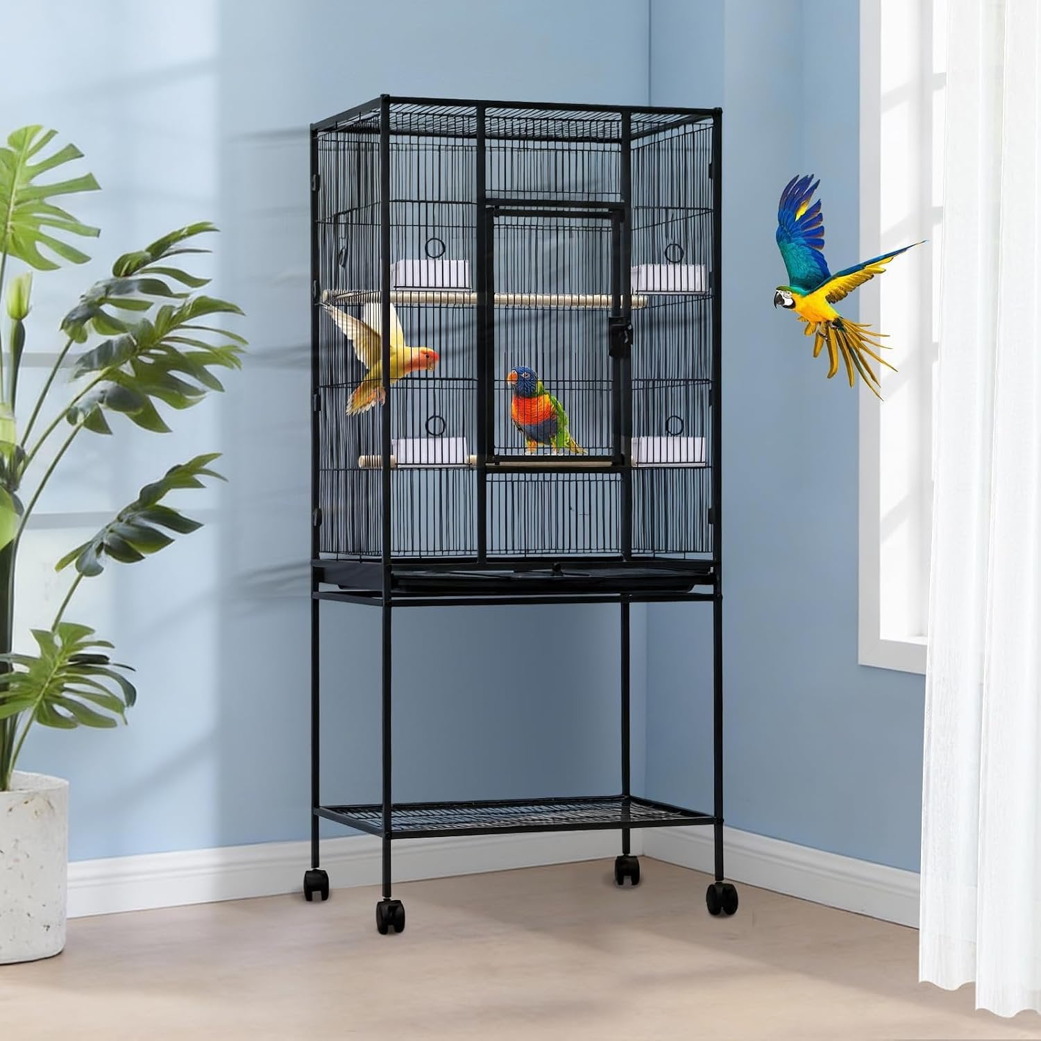 Wide Large Bird Cage with Rolling Stand and Storage - 54" Tall Parrot Cage for Parakeets, Cockatiels, Conures, Cockatoos - Black Flight Cage with Feed Bowls - Ideal for Medium-Large Birds