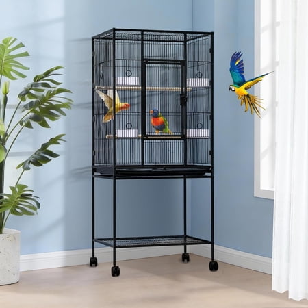 Wide Large Bird Cage with Rolling Stand and Storage - 54" Tall Parrot Cage for Parakeets, Cockatiels, Conures, Cockatoos - Black Flight Cage with Feed Bowls - Ideal for Medium-Large Birds