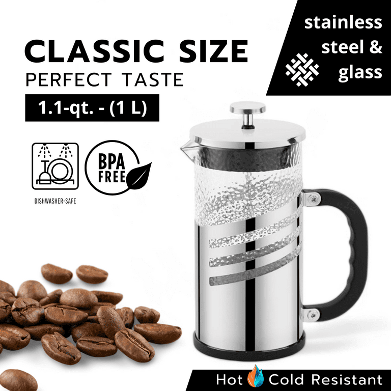 STPgoods French Press Coffee Maker 1.1 Qt 1 L Glass Stainless Steel Cafetiere