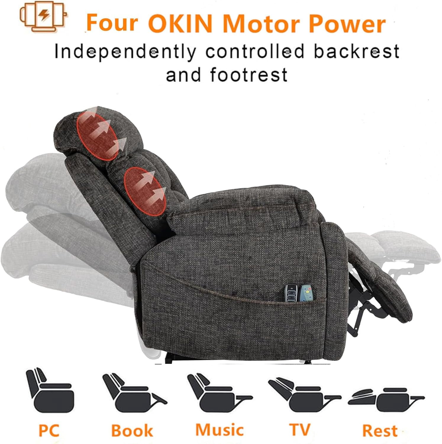 REHOUSING Adult Chenille Living Room Lay Flat Power Lift and Heat and Massage Recliner, Black