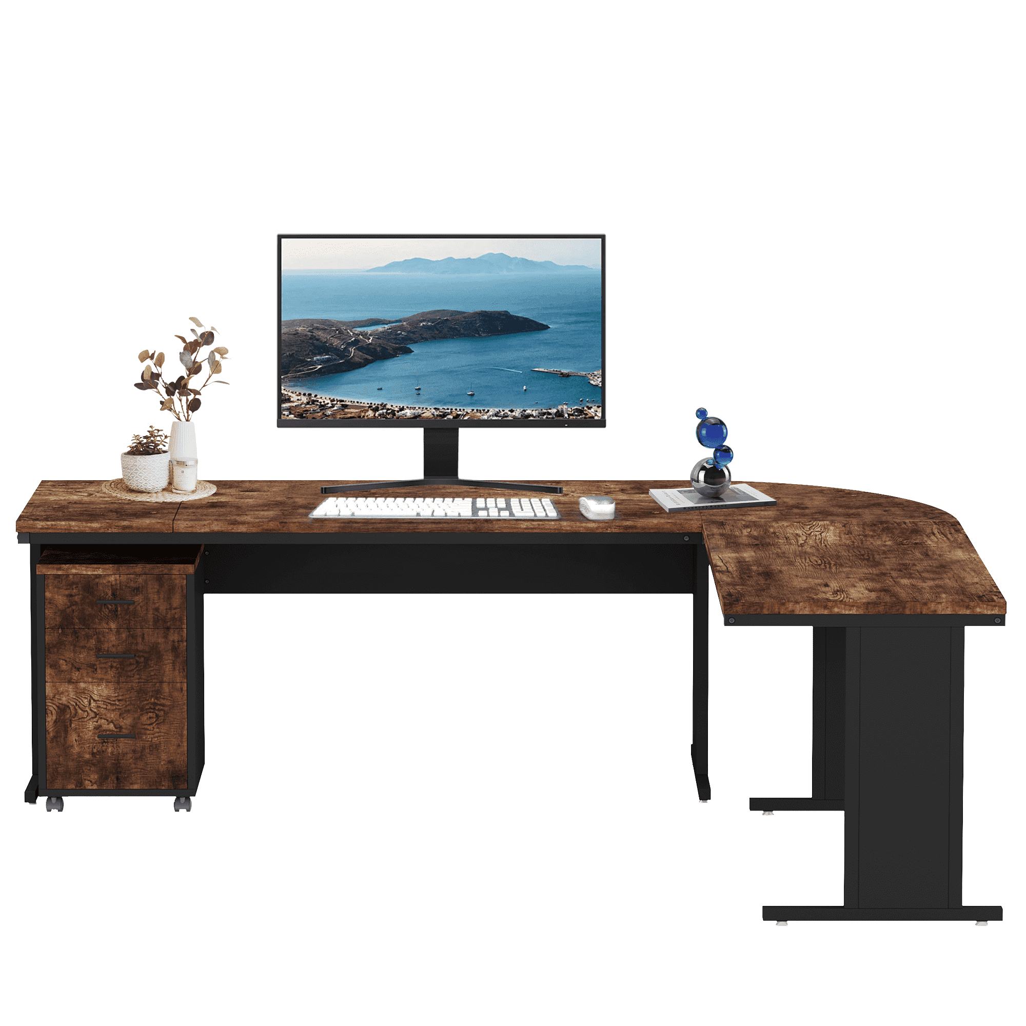 MAYEERTY 83" L-Shaped Desk, Industrial Corner Executive Desk with Mobile File Cabinet