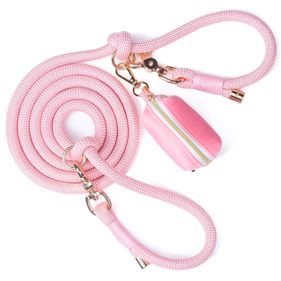 Rope Dog Leash with Poop Bag Holder, 7.4ft Nylon Heavy Duty Waist Dog Leashes with Metal Clasp, Hands Free Double Dog Leash for Small Puppy Medium Large Dogs,Pink