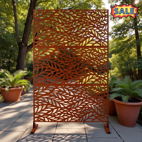 Tcbosik 76"H x 48"W Metal Privacy Screen, Indoor & Outdoor Freestanding Decorative Privacy Fence for Patio, Lawn, Deck, Rust Red