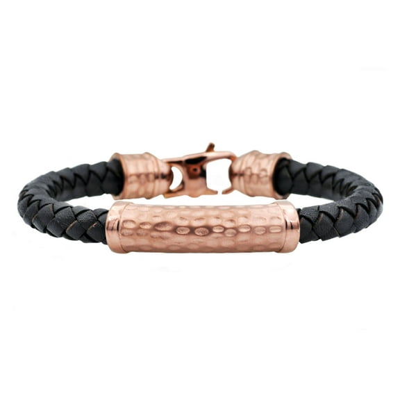 Arista Men's Bracelet in Black Leather and Chocolate Plated Hammered Stainless Steel, 8.5"