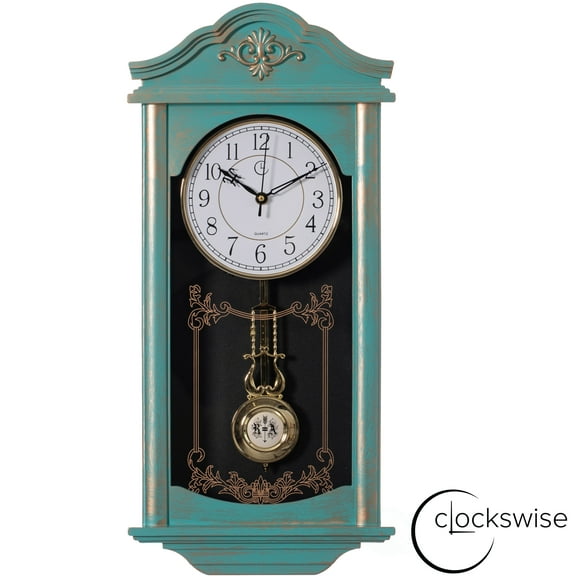 Grande Horloge Murale Pendule en Plastique Vintage Grand-Père en Bois pour Salon, Cuisine Ou Salle à Manger, Grand Bleu avec un Design en Détresse or