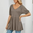 thumbnail image 4 of Sakmal Womens Summer Tops Brown Short Sleeve Solid V-Neck Tunic Womens Shirts Plus Size, 4 of 5