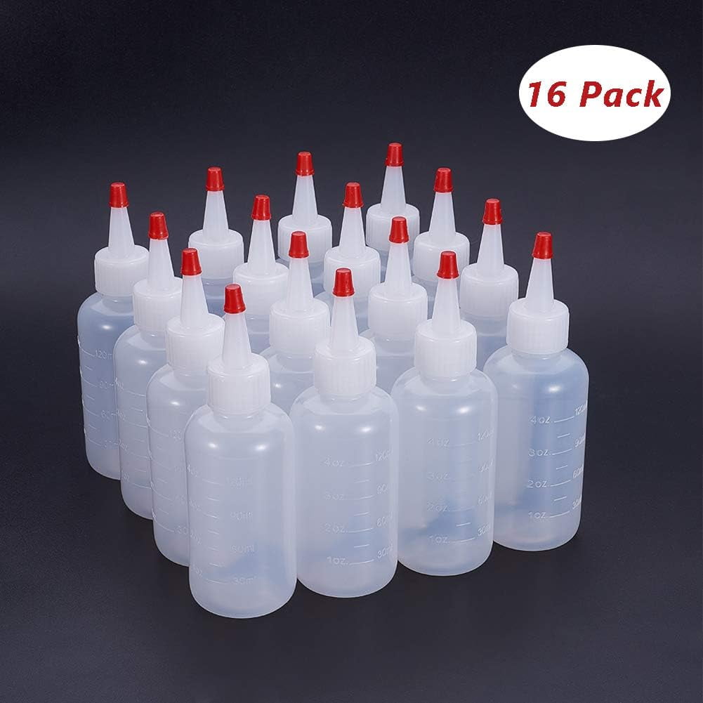 16 Packs 4oz Plastic Squeeze Bottle Red Tip Cap Bottle with Measurement and Extra 16 Chalk Labels 6 Funnels 6 Droppers 6 Red Tip 2 Red Caps 1 Brush