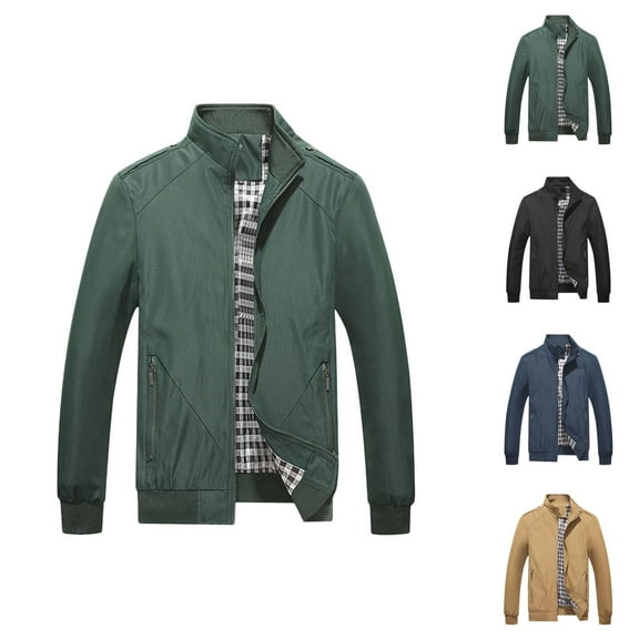 Business Jackets for Men Fall Winter Plus Size Long Sleeve Stand Collar Zip Up Jacket with Pockets Outerwear Coat