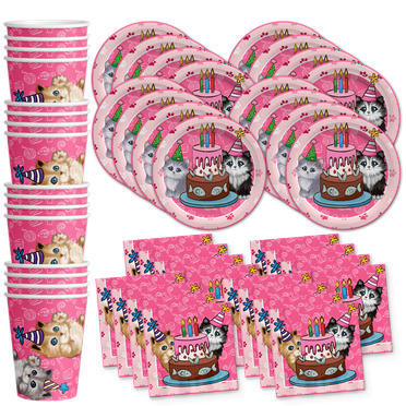 Kitty Cat Pink Kitten Birthday Party Supplies Set Plates Napkins Cups Tableware Kit for 16