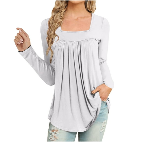 ShomPort Women's Fall Tunic Tops Long Sleeve Square Neck Pleated Front Casual Dressy T-Shirts Basic Loose Blouses