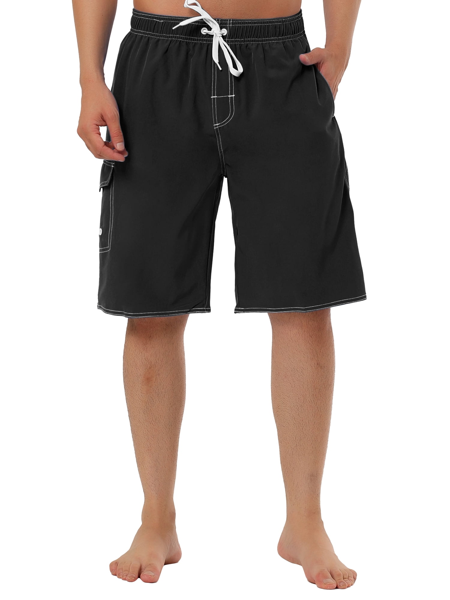 Unique Bargains Men's Casual Holiday Solid Color Elastic Waistband Beach Board Shorts 28 Black