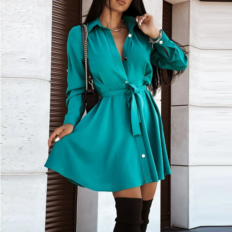 Cute Dress for Women Plus Size Button Up Short Sleeve Midi Dress Lapel  Collar Ruched Tiered Swing Dress