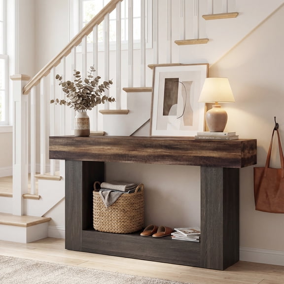 Costway 63” Long Console Table with Storage Shelf, Farmhouse Entryway Table for Living Room Rustic Brown Black