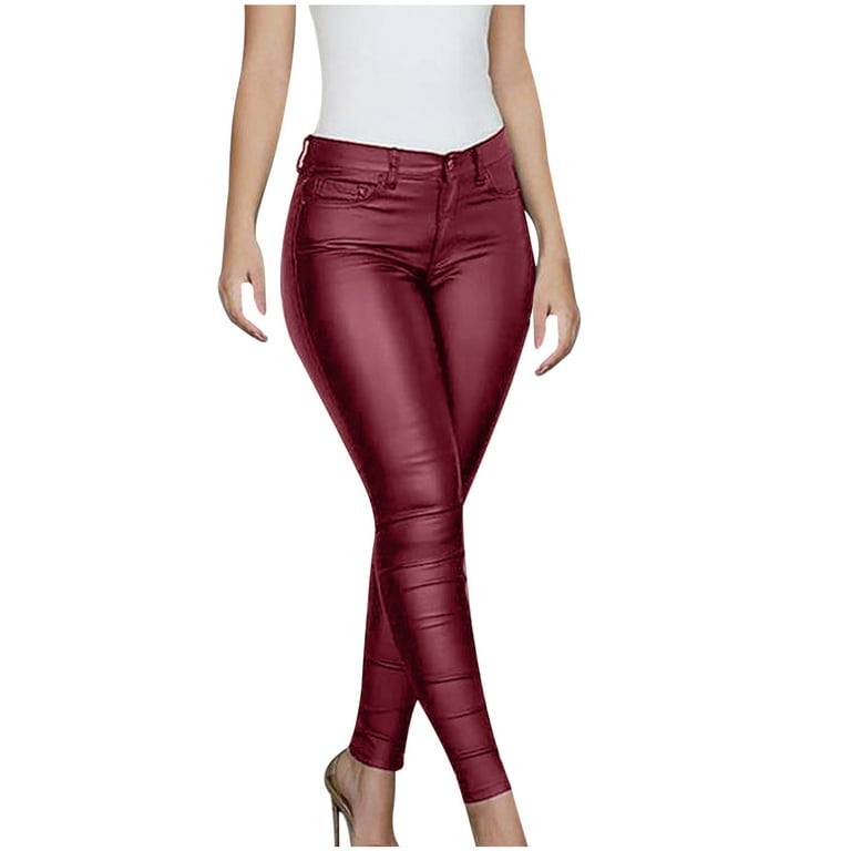 VSSSJ Women's Leather Leggings Plus Size Solid Color High Waist Butt  Lifting Tight Trousers Fashion Thin Lightweight Gym Workout Long Pants Red  XXL