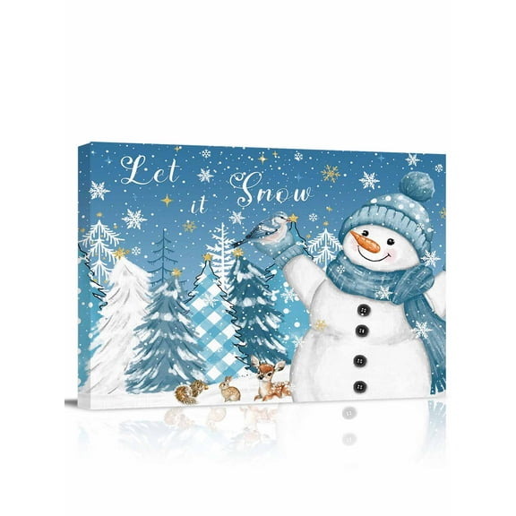 Blue Snowman Canvas Print Wall Art Framed Canvas Art Wall Decor Christmas Let Snow Pine Trees Bird Winter Snowing Pictures Painting Morden Artwork for Living Room Bedroom, Ready to Hang - 12"x16"