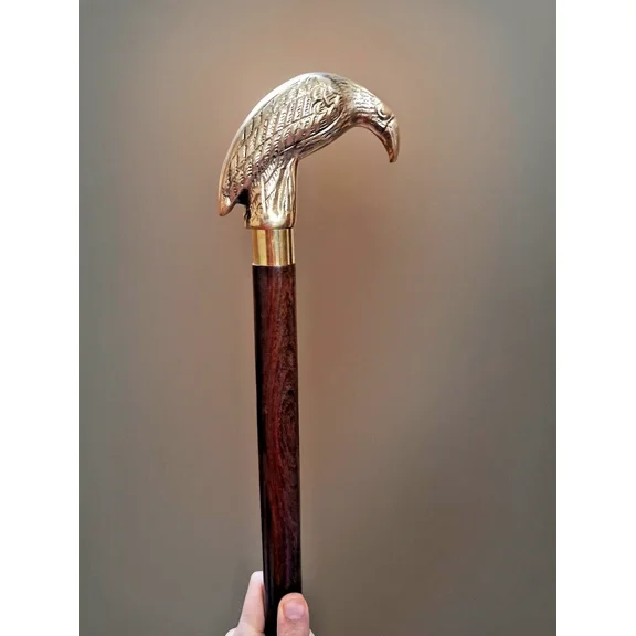 Vintage Cane Walking Stick Engraved Crow Head Handle Wooden Gift 3 Fold Walking Stick Cane for Men and Women Gift, for Him, Blrown Antique, 38 Inch