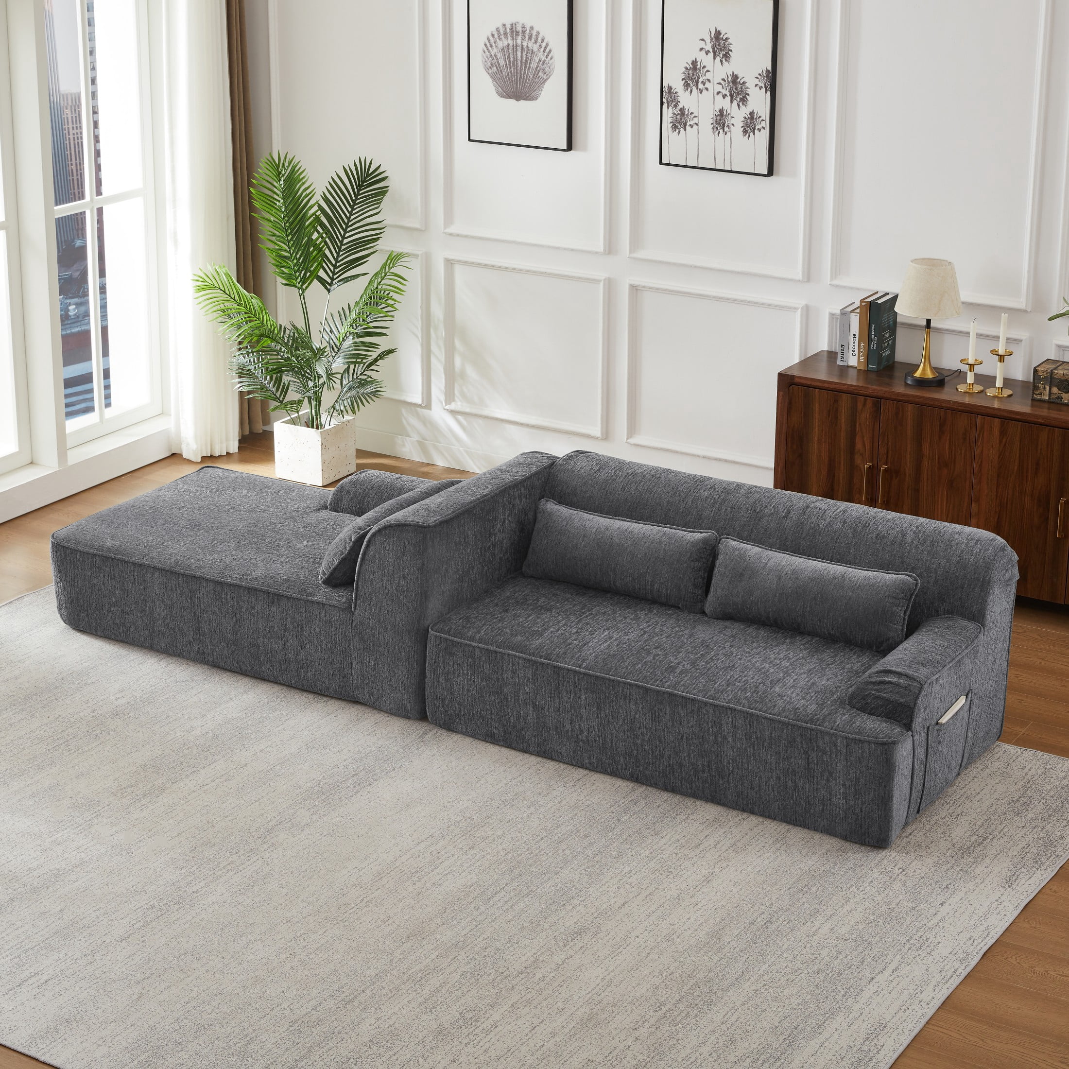 Aukfa 2-Piece Modular Chenille Sectional Sofa, 26.5" Deep Seat, No Assembly, Left Chaise, Gray
