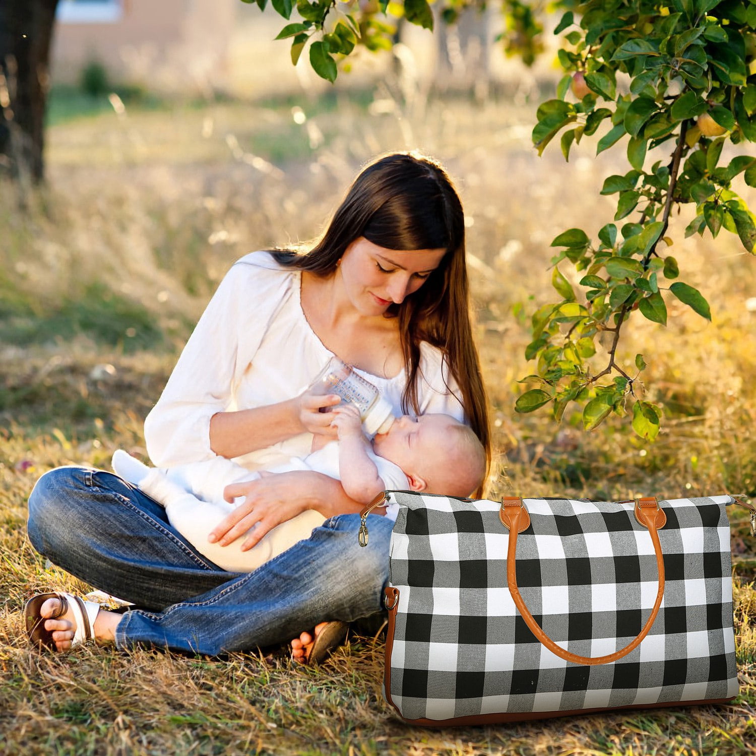 Moclever Women Duffle Bag Weekend Overnight Bag Tote Bags Portable Diaper Bag Outdoor, White Plaid