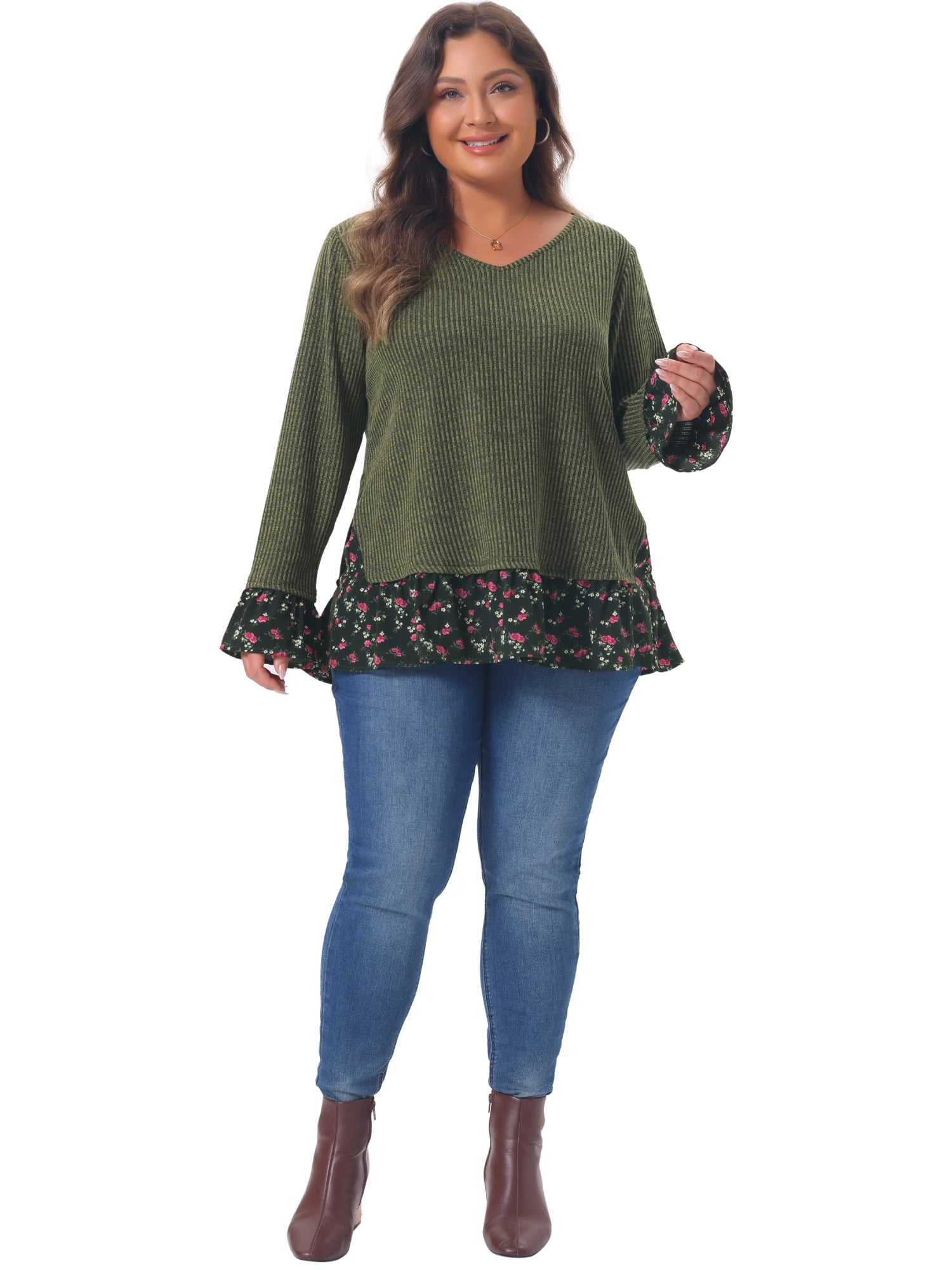 DARING DIVA Women's Plus Tunic Tops V Neck Rib Knit Pullover 3X Army Green