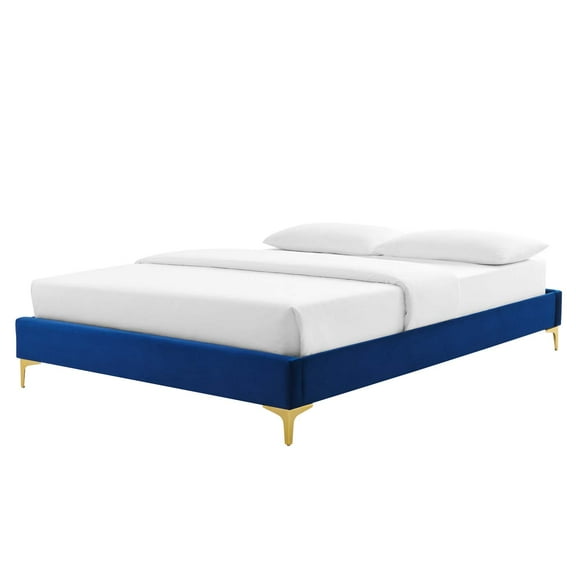 Platform Bed Frame, Queen Size, Velvet, Blue Navy, Modern Contemporary Urban Design, Bedroom Master Guest Suite