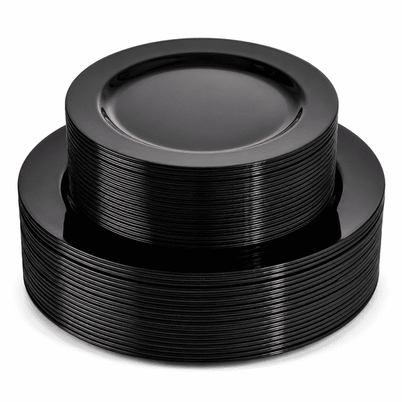 Black 100 Count Heavy Duty Disposable Plastic Party Plates Set for 50 Guests