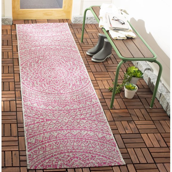 SAFAVIEH Courtyard Josiah Floral Medallion Indoor/Outdoor Runner, 2'3" x 8', Light Grey/Fuchsia