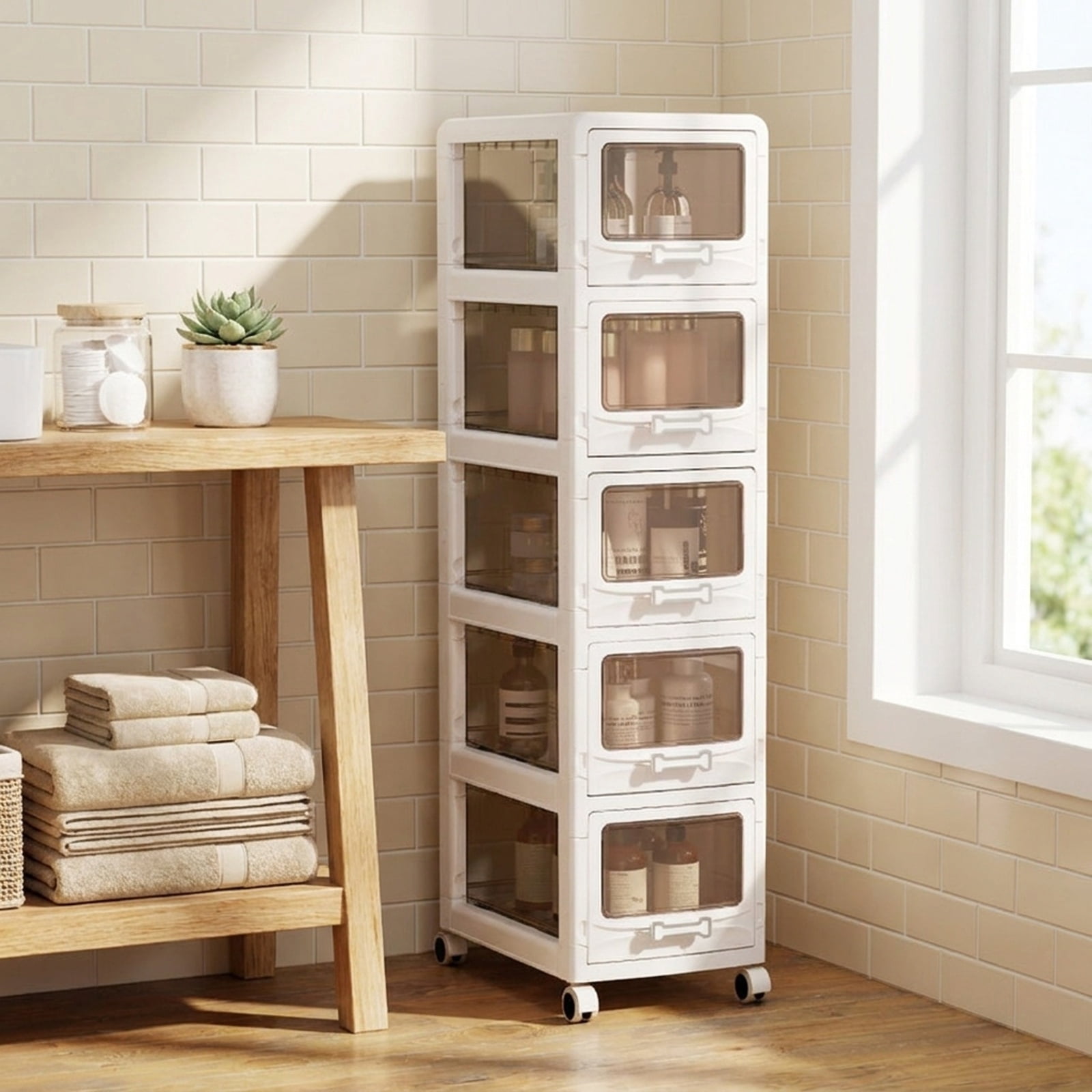 Furnibear 5-Tier Plastic Drawer Storage Organizer Rolling Cart with 3/4/5 Drawers and Lockable Wheels for Home Office Filing Document Letter, White