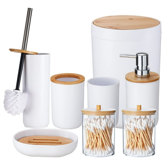 iMucci Ensemble d'Accessoires de Salle de Bain - avec Poubelle Porte-Brosse à Dents Distributeur de Savon Ensemble de Savon et Lotion Gobelet (8 Pcs Housse en Bambou Blanc)