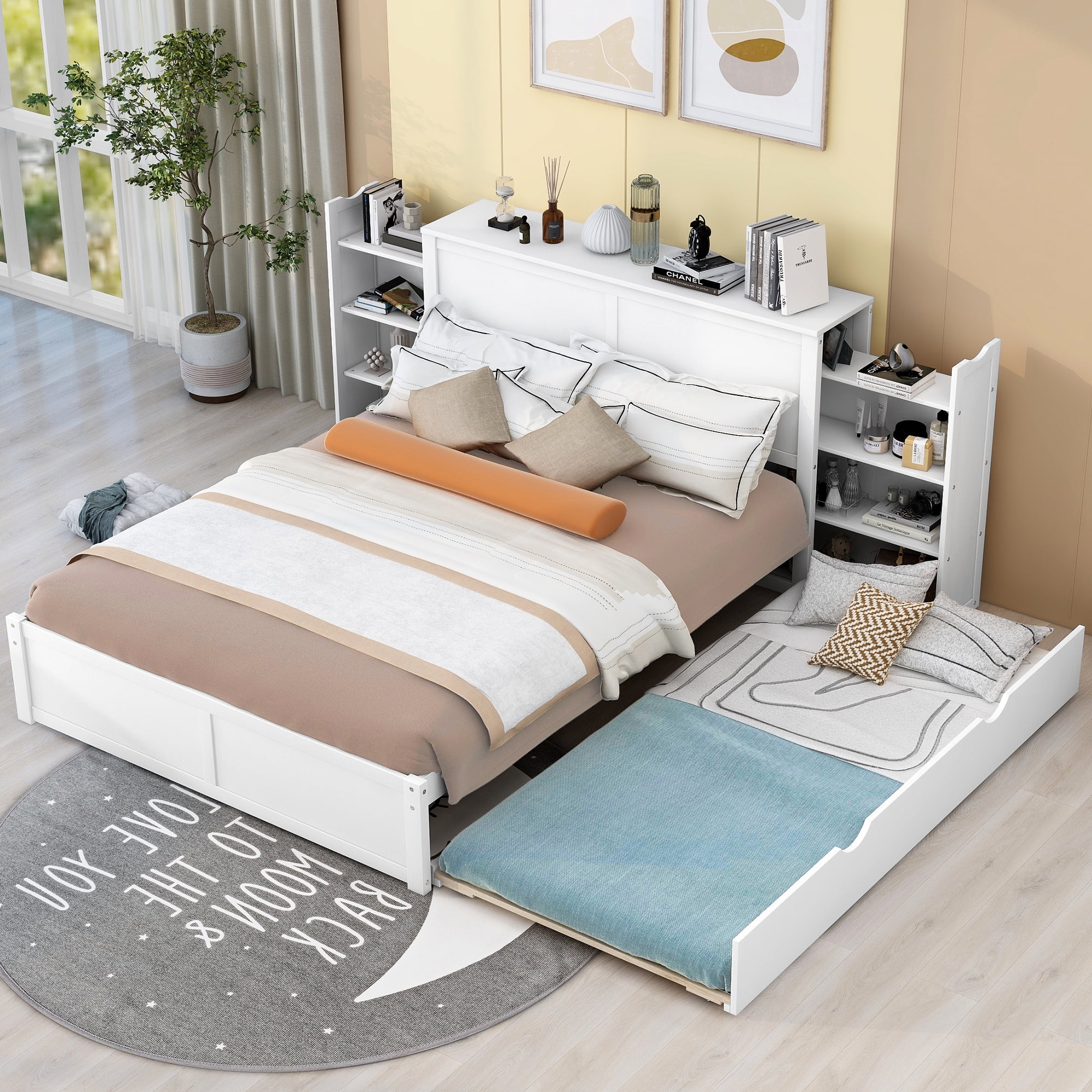 Euroco Queen Size Wood Platform Bed with Trundle and Storage Cabinet for Adults Bedroom