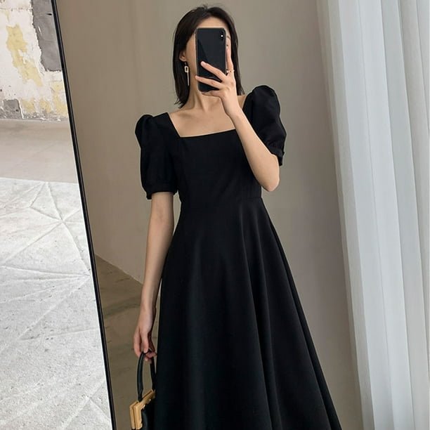 Vestido de fiesta vintage negro con escote cuadrado para mujer