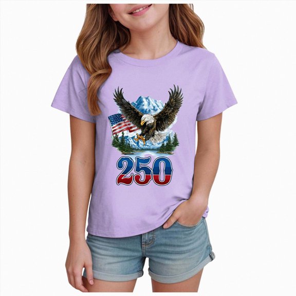Gubotare 4th of July Girls Tshirt American Flag Washed T-Shirt Unisex Patriotic USA Tee for 4th of July 250th Anniversary Size 7-8 (Purple,7-8 Years)