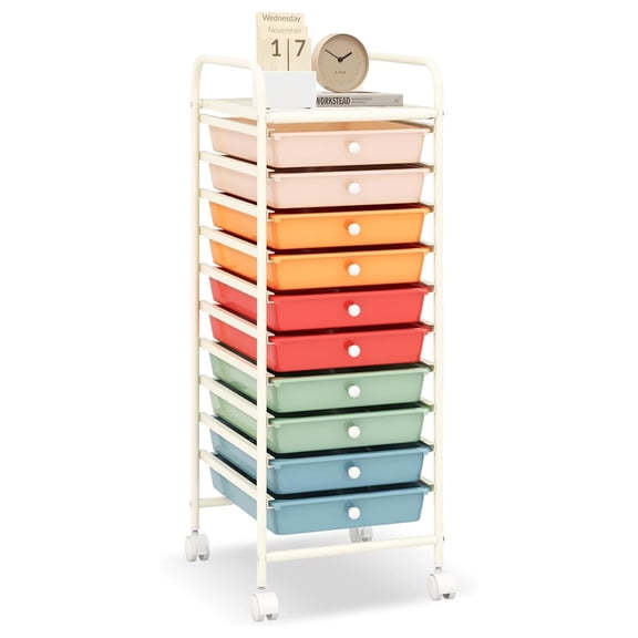 10 Drawer Rolling Cart, Storage Cart on Wheels for Office, Classroom, Home - Metal Frame, Large Capacity Organizer with Lockable Wheels, 8 Colors