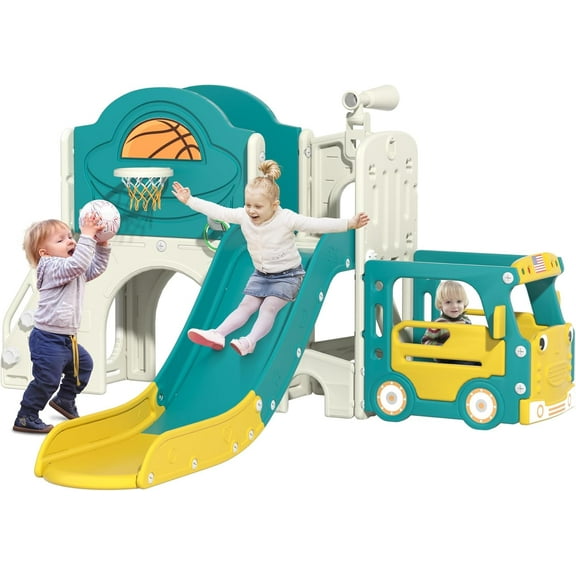 Imerelez 9-in-1 Kids Slide Playset, Bus-Themed Freestanding Castle Climbing Playhouse with Slide, Arch Tunnel, Ring Toss, Basketball Hoop, Storage Space, Blue   White