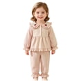 thumbnail image 6 of Staki Toddler Baby Girl Clothes Fall/Winter Girls Outfits Ruffle Long Sleeve Tops Floral Flared Pants Girls' Clothing Sets 6-9 Months(Beige, 6-9 Months), 6 of 9