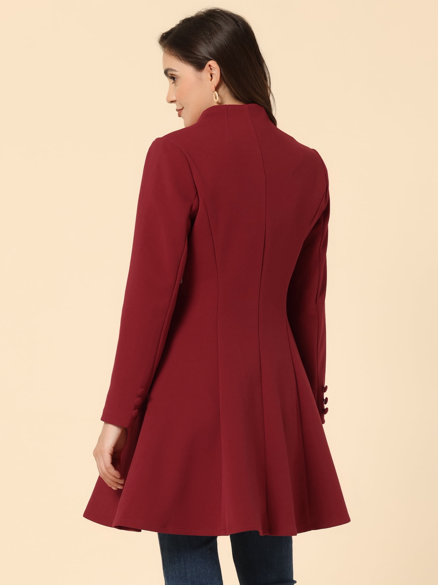 DARING DIVA Women's A-Line Long Sleeve Single Breasted Peplum Hem Long Coat Dark Red XL