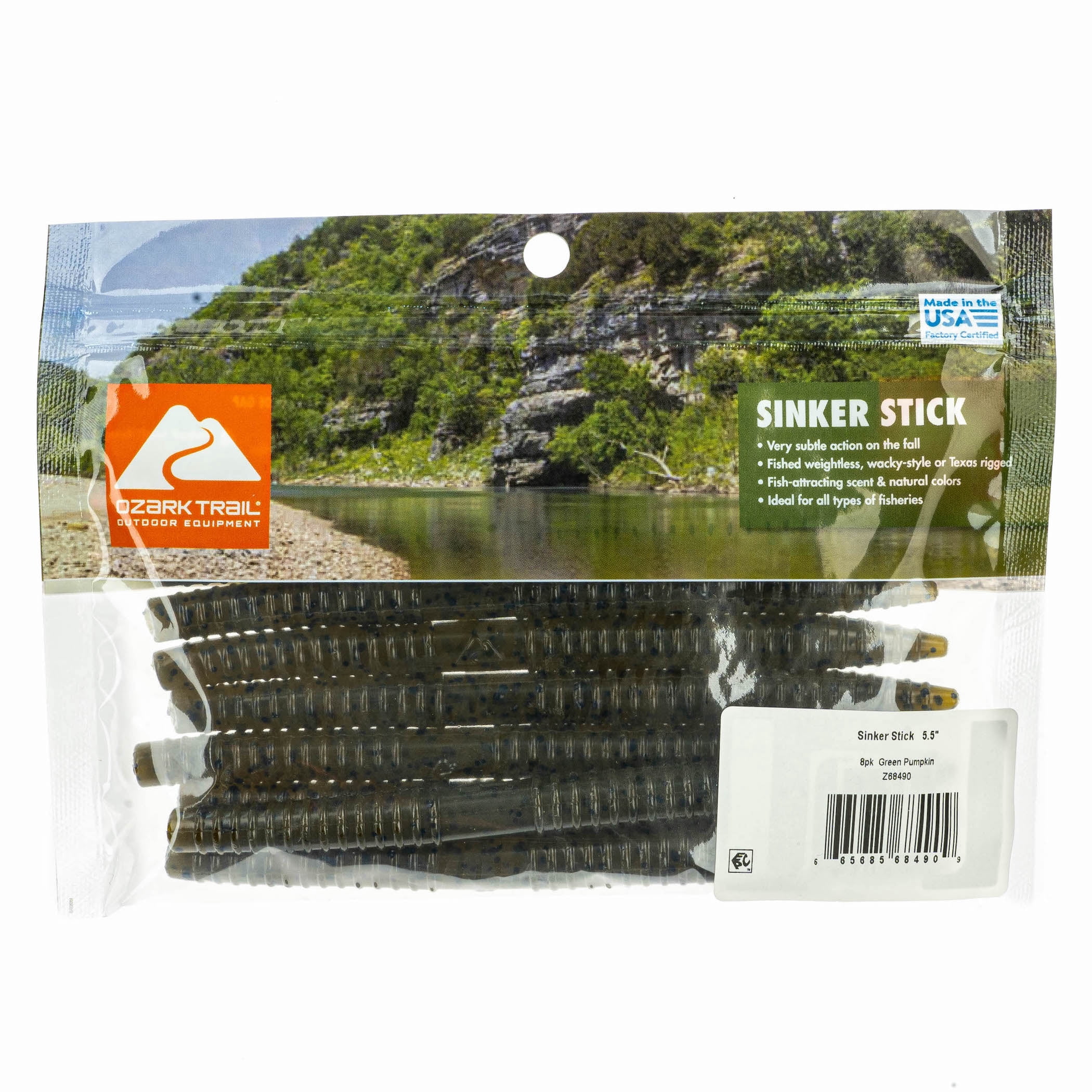 (2 pack) Ozark Trail Sinker Stick 5.5", Green Pumpkin, 8 pieces Fishing Soft Baits