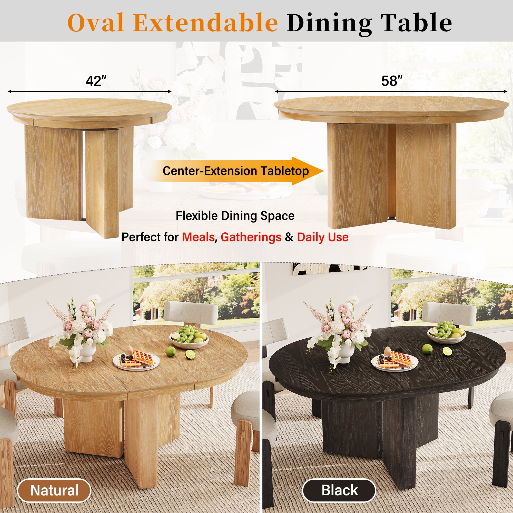 42-58 Inch Extendable Oval Dining Table with Pedestal Base, Modern Farmhouse Kitchen Table and Dining Room Centerpiece, Natural