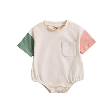 

atinetok Children s Clothing Toddler Kids Baby Boys Girls Fashion Cute Short Sleeve Splicing Print Pocket Casual Romper Lightweight Material for Comfort Casual Outings with Friend or Family