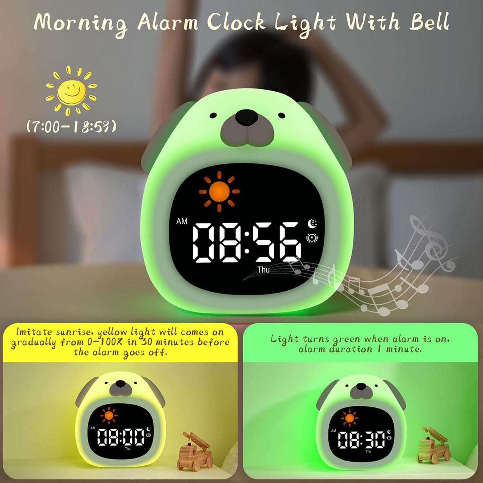 ZMKIAG Kids Alarm Clock with Color Change Night Light, Bedside Sleep Trainer Clocks with White Noise Rechargeable Cute Animal Shaped Digital Clocks for Boy & Girl