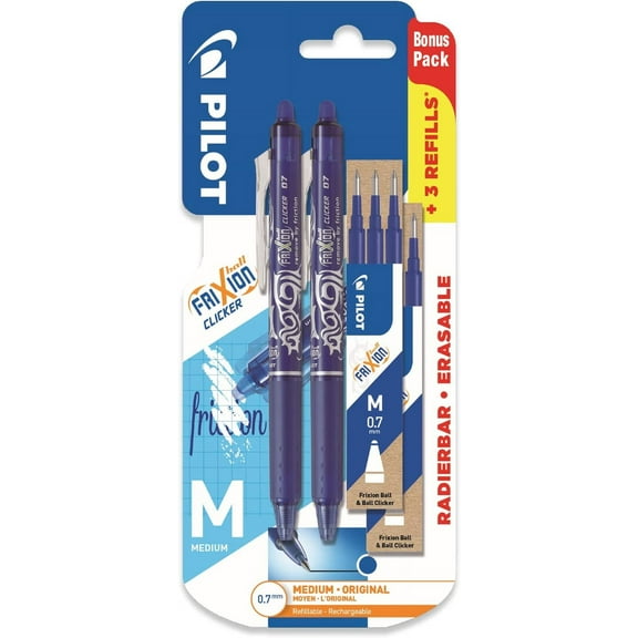 Pilot Frixion Clicker - Retractable Erasable Gel Ink Pens - Blue Ink - 0.7mm Nib - Blister Pack of 2   6 Refills
