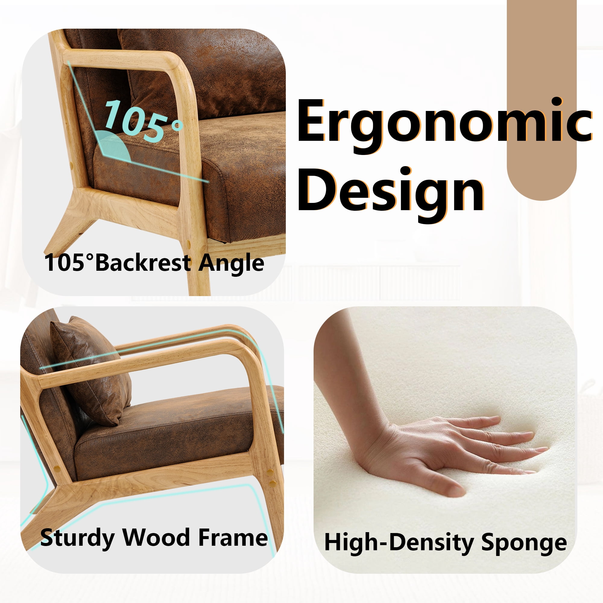 Miniyam Mid Century Modern Accent Chair with Wood Frame, Upholstered Living Room Chairs with Waist Cushion, Reading Armchair,Brown