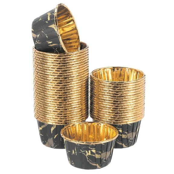 Uxcell 50 Pcs Single-sided Aluminum Foil Cupcake Liners, Greaseproof Muffins Baking Cupcakes for Wedding Birthday Party Decoration, Black Yellow (Round-Pattern)