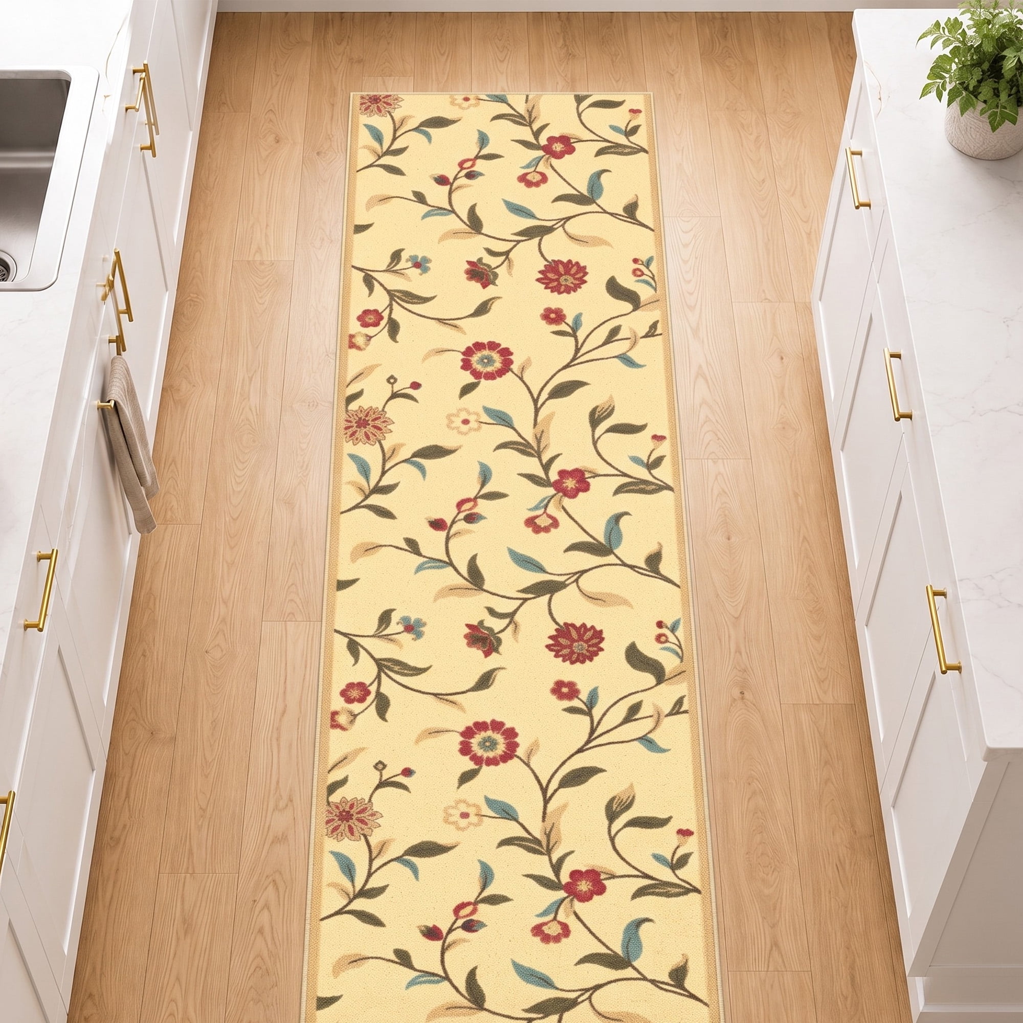 Ottomanson Extra Long Runner Rug 2'7" x 53' – Non-Slip Low Pile Hallway Carpet, Floral Beige