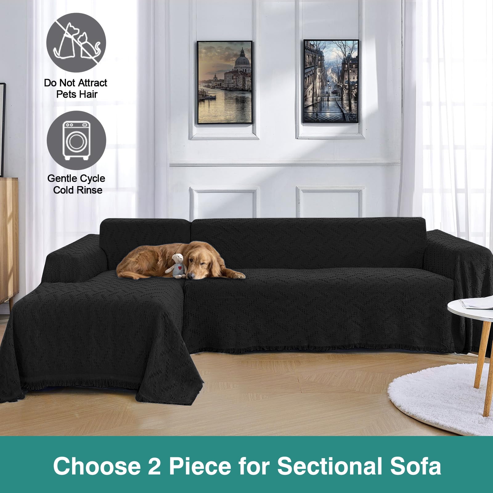 Sanmadrola Sofa Cover, Couch Covers for 3 Cushion Couch Sofa, Sectional Couch Covers for L Shaped Couch Cover, Living Room Sofa Throws Sofa Slipcovers for Pets, Kids (91"x 134", Black)