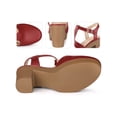 thumbnail image 2 of BLISSFUL STEP Women's Platform T-Strap Block Heels Sandals Solid Round Toe Faux Leather Shoes Red 7, 2 of 5