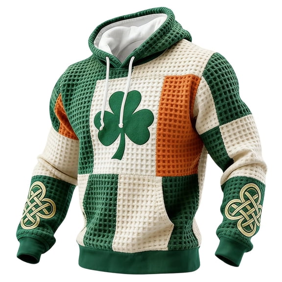 Mens St Patricks Day Sweatshirt Plus Size Vintage Shamrock Pullover Hoodies Waffle Long Sleeve Irish Sweatshirts Beige L