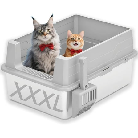 XXL Cat Litter Box, Stainless Steel Litterbox with Lid, Odor Control Metal Litter Pan for Big Cats or Multi Cat Families, High Side, Easy Clean, 28 x 20 x 12.5 inch, Grey