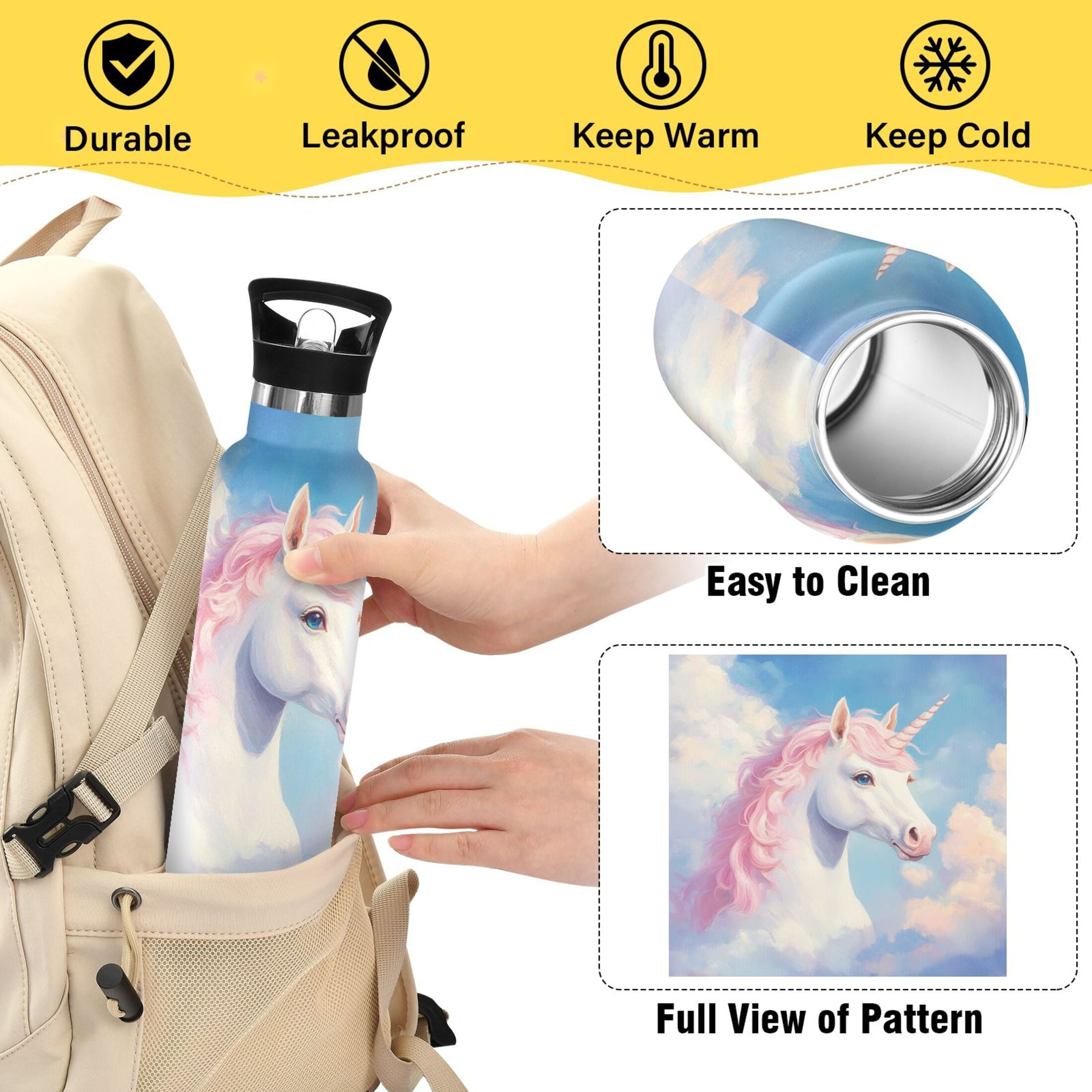 600ML Stainless Steel Insulated Cup Sports Water Bottle Portable Thermos Cup Water Glasses Insulated Tumblers Convenient and Durable Unichorned Horse
