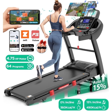 10MPH Folding Treadmill w/ 15% Auto Incline, 300lb Capacity, Treadmill for Home Portable Foldable Exercise Equipment Running Walking Machine, APP Control, 64 Programs, HiFi Bluetooth Speakers